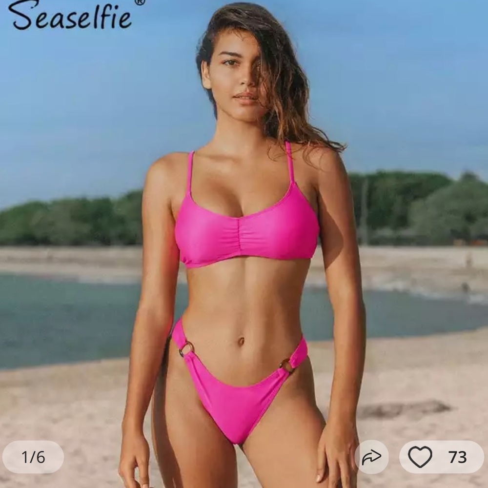 SEASELFIE Solid Pink Low-Waist Bikini Set Women Sexy High Cut Swimsuits Beachwea